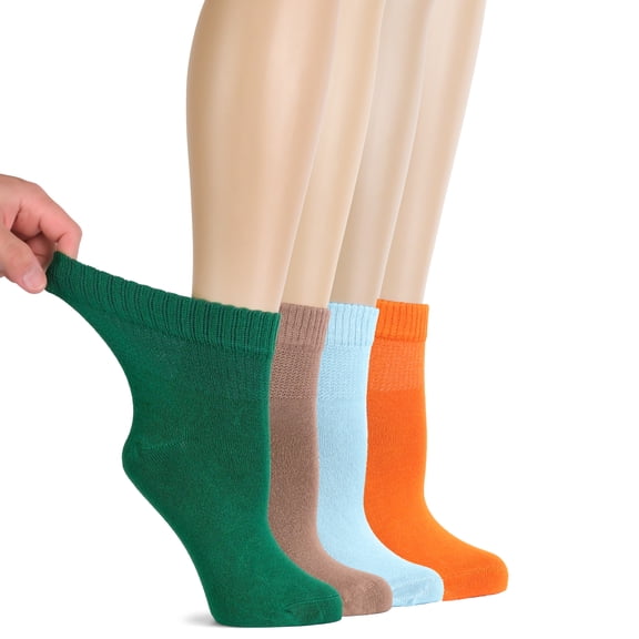 HUGH UGOLI Women Diabetic Ankle Socks, Super Soft , Thin Bamboo Socks, Wide , Loose, Non-Binding Top , Seamless Toe, 4 Pairs,C.Green/M.Coffe/S.Blue/Rosewood, Shoe Size: 10-12