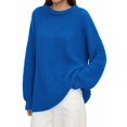 thumbnail image 3 of Women'S Crew Neck Sweater Long Sleeve Lantern Sleeve Hollow Knit Loose Casual Sweater Royal Blue M, 3 of 9