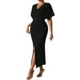 thumbnail image 2 of Womens Metallic Faux Wrap Cocktail Dress Solid Color V-Neck Pleated High Slit Short Sleeve Midi Dress Black XL, 2 of 9