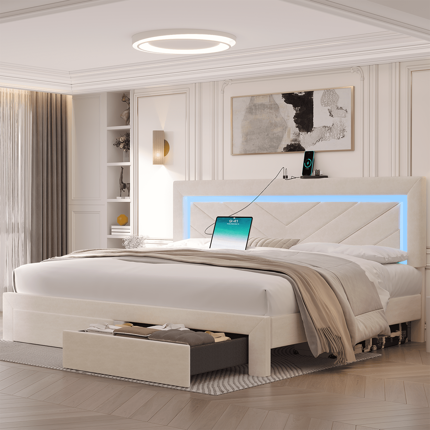 Fastroby King Upholstered Bed Frame with LED Headboard & Storage Drawer, No Box Spring Required