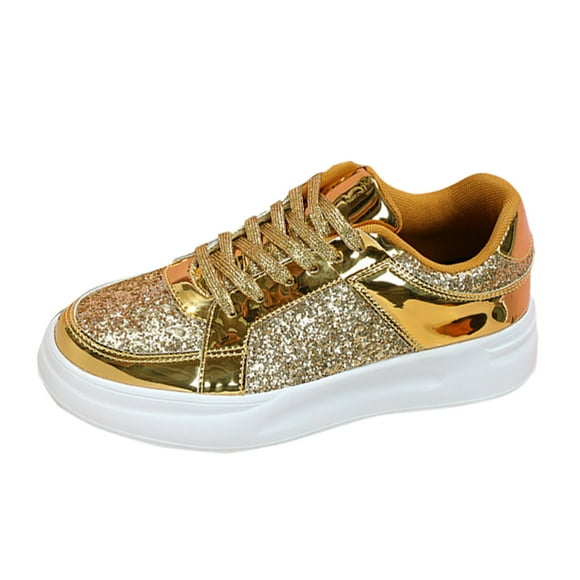 Women's Sneakers Female Sneakers Adult Womens Shoes Womens Womens Sneakers Couples Fashion Thick Soled Sequins Lace Up Heightening Casual Shoes Women's Leather Running Shoe Gold 9