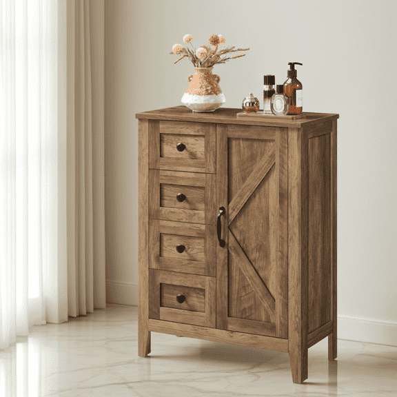 LEDREM Farmhouse Storage Cabinet with 4 Drawers and Adjustable Shelf, Barn Door Floor Cabinet for Bathroom and Living Room, Honey Brown