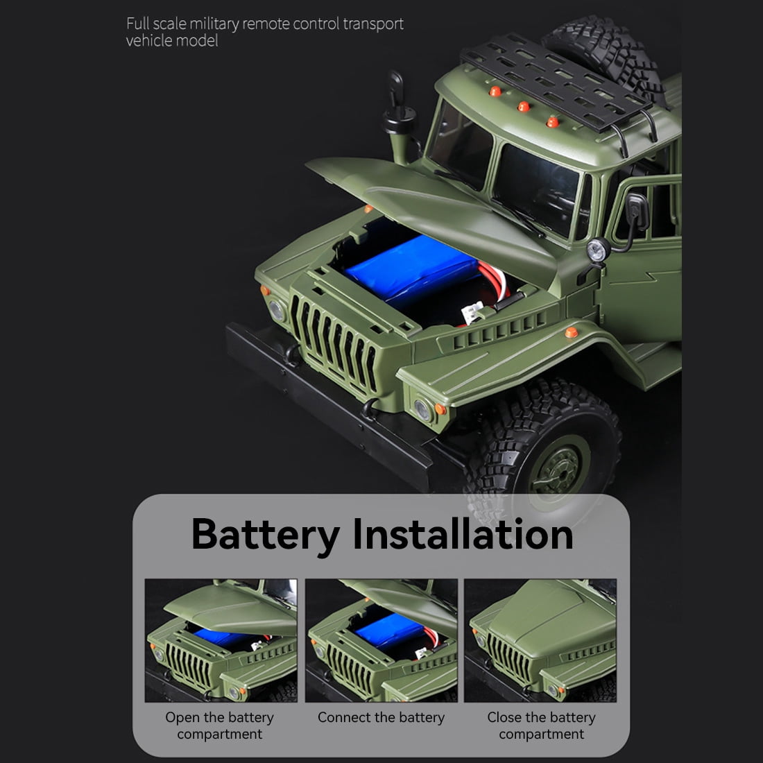 WPL B36-3 2.4G 1/16 Scale Remote Control Military Trailer - 6 Wheel Drive & LED Headlights, All Terrain Remote Control Car for Outdoor Adventure, Gift for Adult & Enthusiast (Army Green)