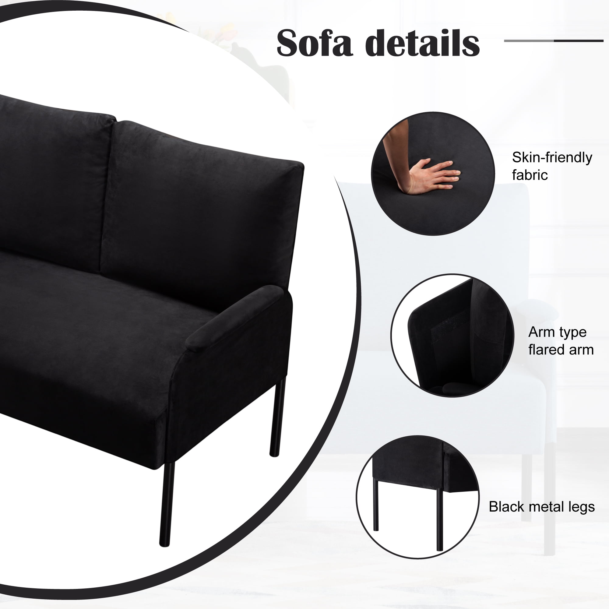Gewnee 45.7”Loveseat Couch for Small Spaces,Mid-Century Modern 2-Seater Sofa with Metal Frame & Black Legs,Removable Washable Back Cushion Cover,Easy Assembly.Black