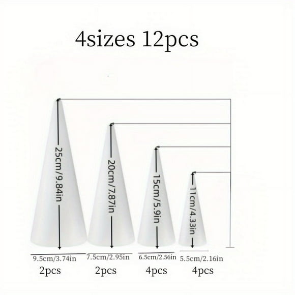 EASTIN 12pcs White Foam Cones in Various Sizes-Suitable for DIY Crafts Christmas Tree Decorations and Flower Arrangements