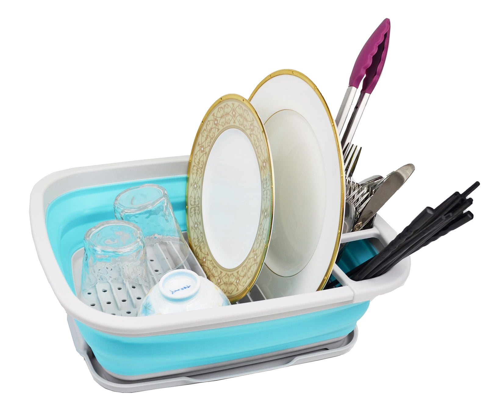 SAMMART 8L (2.11Gallons) Collapsible Dish Drainer with Drainer Board - Foldable Drying Rack Set - Portable Dinnerware Organizer - Space Saving Kitchen Storage Tray