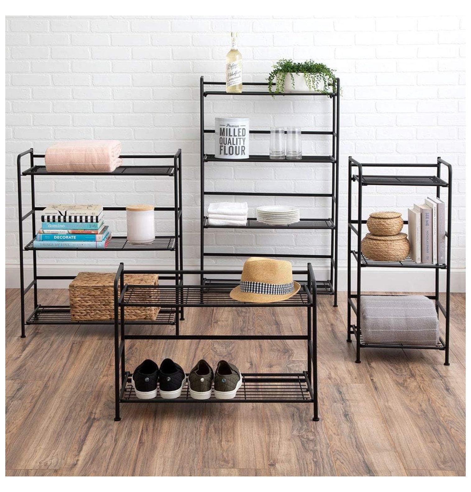 Folding Metal Bookcase-Small Space -No Assembly-Home, Kitchen, Bathroom and Office Black, 3 Shelves, Wide