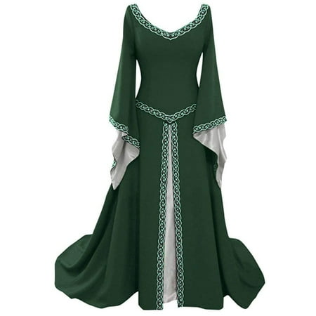 

Renaissance Dress Women V Neck Trumpet Sleeve Floor Length Maxi Dresses Vintage Celtics Medieval Cosplay Outfits