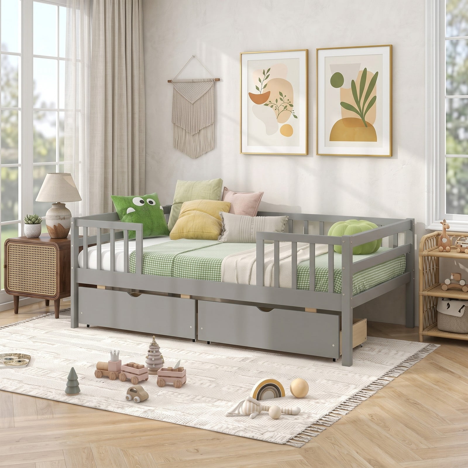 Furnibear Twin Wood Daybed with Full Fence Rails and 2 Pull-Out Storage Drawers for Kids Bedroom and Toddler Play Room, Gray
