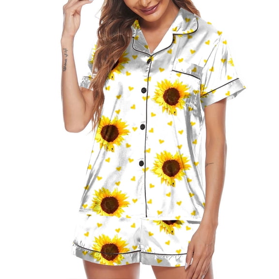 Aueoeo Women Nightwear Short Sleeve Shirt And Shorts Pajama Set Sunflower Printed Laple Collar Sleepwear Yellow L