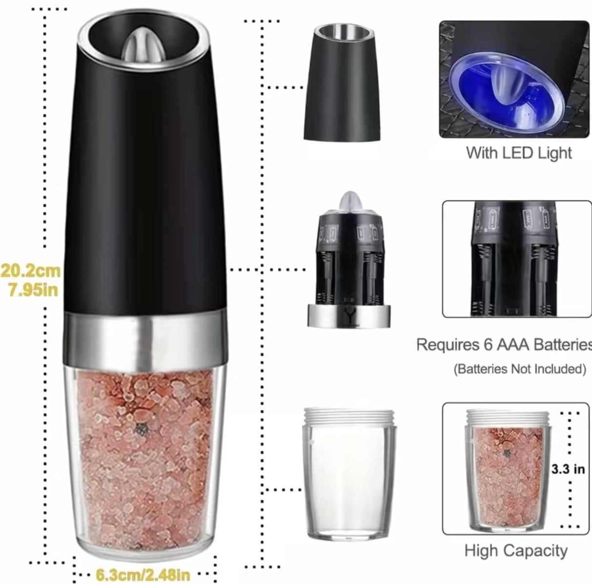 2pcs Set Gravity Electric Pepper Grinder, Salt Or Pepper Grinder And Adjustable Coarseness, Battery Operated With LED Light, One Hand Automatic Operation, Stainless Steel