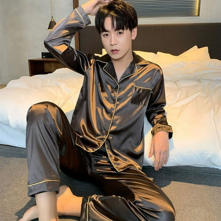 

QWZNDZGR Men Sleepwear Silk Satin Pijama Turn-down Collar Pajama Sets Long Sleeve Sleep Clothes Male 2 Pieces Sets Home Suits Pyjamas Men