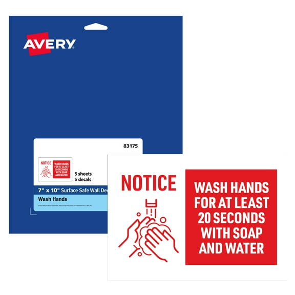 Avery "Wash Hands for at Least 20 Seconds" Preprinted Surface Safe Wall Decals, 7" x 10", 5 Removable Decals (83175)