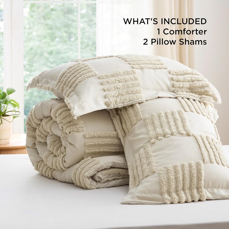 MEILA Tufted Boho Comforter Set Twin Size - Beige Striped, Lightweight, With 1 Pillowcase (66x90 Inches)