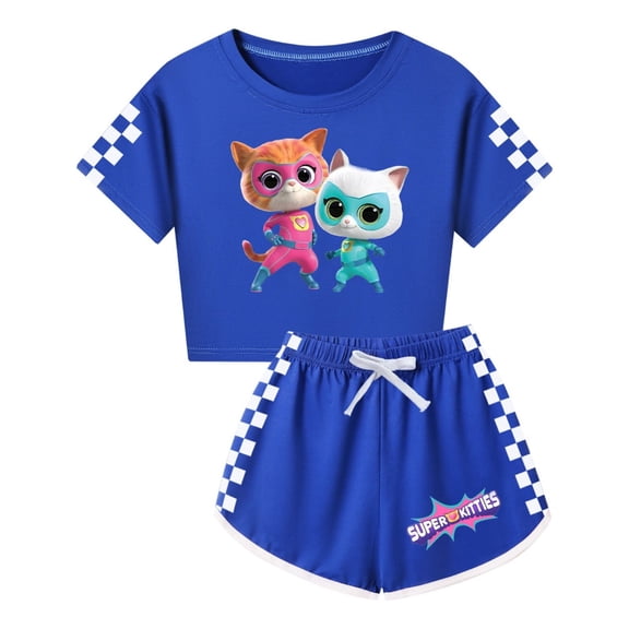 Girls SuperKitties Summer Set – 2-Piece Outfit with Cropped Shirt and Shorts for Children