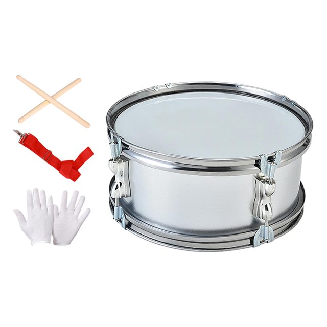 Caja de tambor portátil de 11 pulgadas con guantes de práctica para niños principiantes. Gris plateado