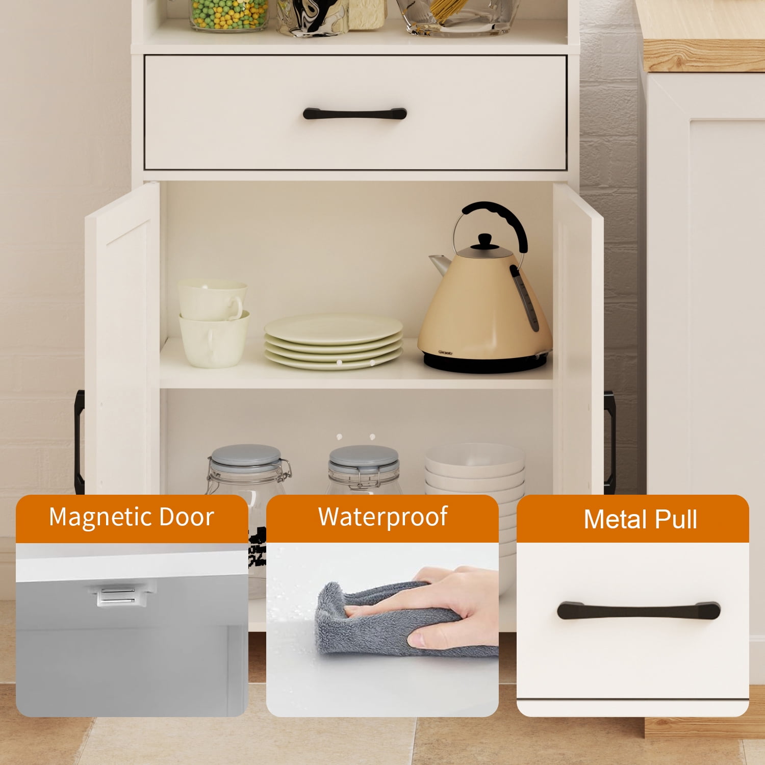 LENLN Farmhouse Bathroom Floor Cabinet with 2 Doors, 1 Drawer & 2 Open Shelves, 51" Tall Freestanding Storage Cabinet for Kitchen, Living Room, White