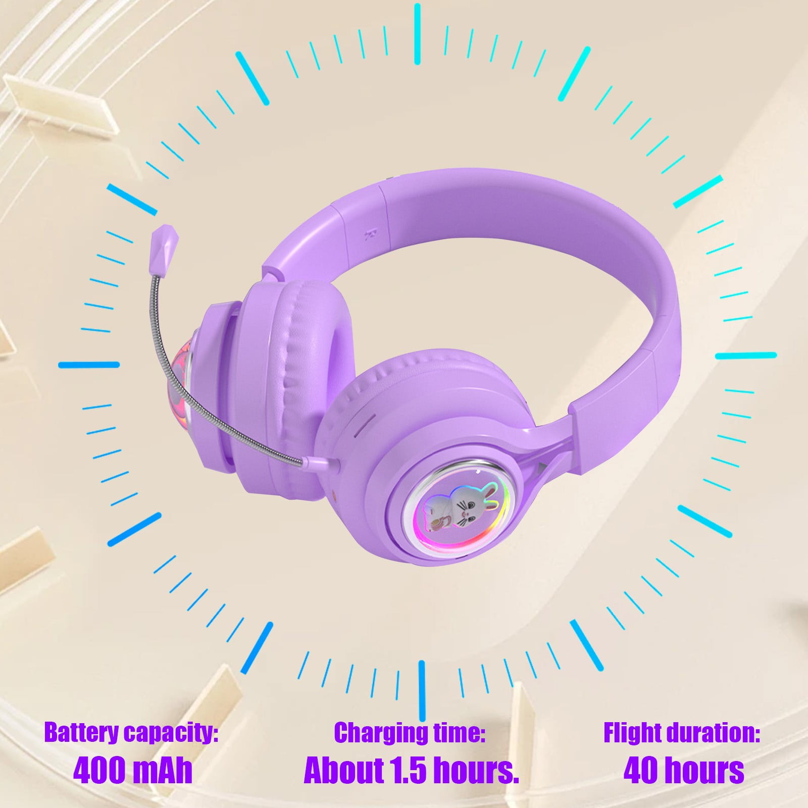 Active Noise Cancelling Headphones, Wireless Over Ear Bluetooth Headphones, 3EQ Modes via Button, 60H Playtime Lightweight Folding Stereo Bass Headset with Mic, for Travel Home(Purple)