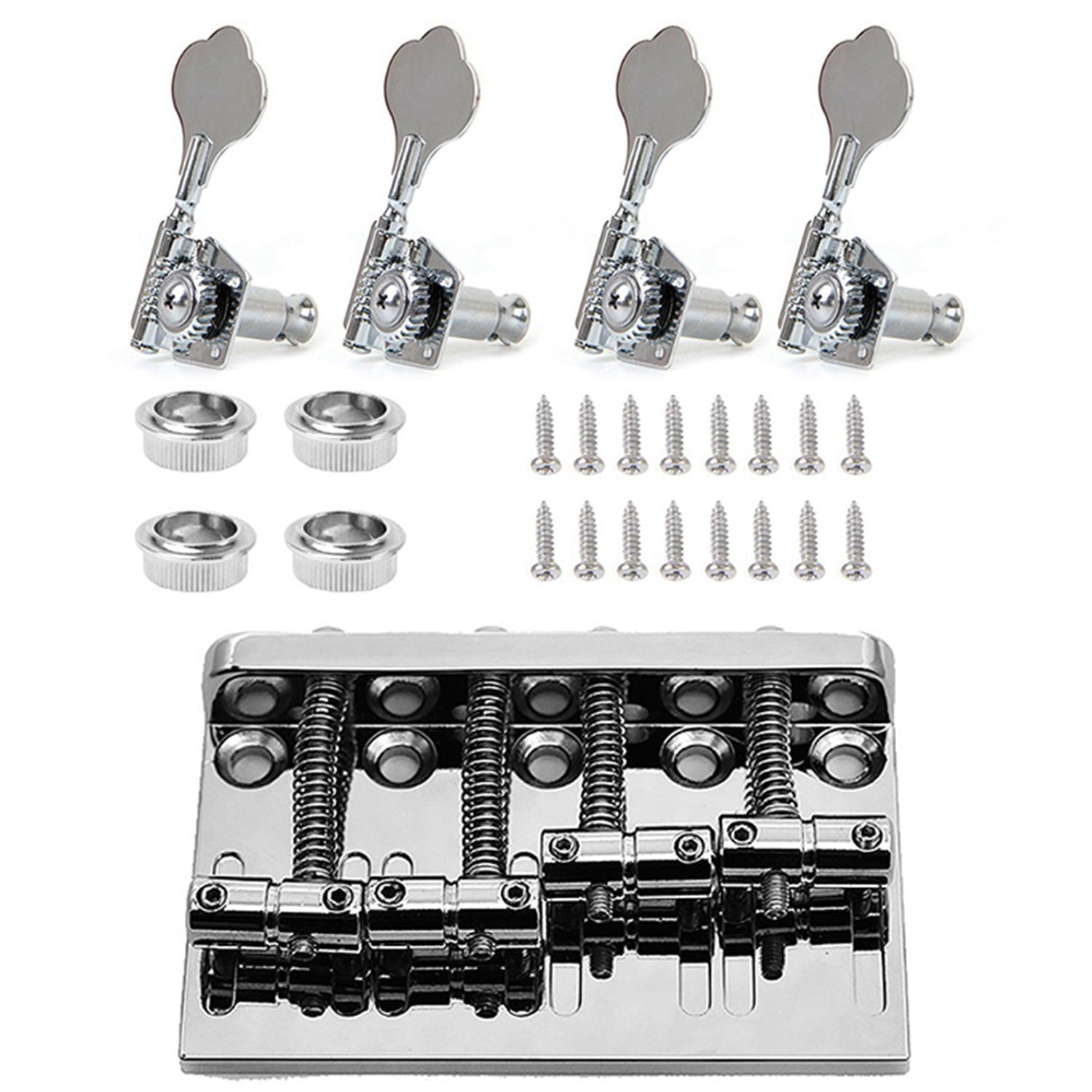 4Pcs Guitar Tuning Pegs Electric Bass Tuner Peg with 4 String Hardtail Bass Guitar Bridge Chrome