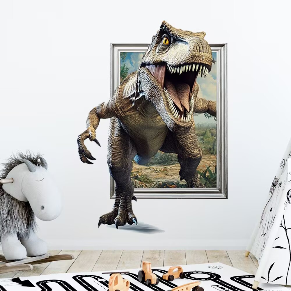 Large 3D Broken Dinosaur Wall Decals for Boys Room, Break Through The Wall Vinyl Wall Sticker for for Kids Bedroom Nursery Playroom Classroom