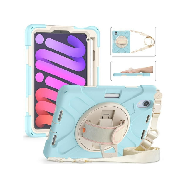 Case for iPad Mini 6 2021 (6th Generation) with Pencil Holder / 360 Rotation Stand / Hand Strap and Shoulder Strap Rugged Shockproof Cover for iPad Mini 6th Gen 8.3 Inch