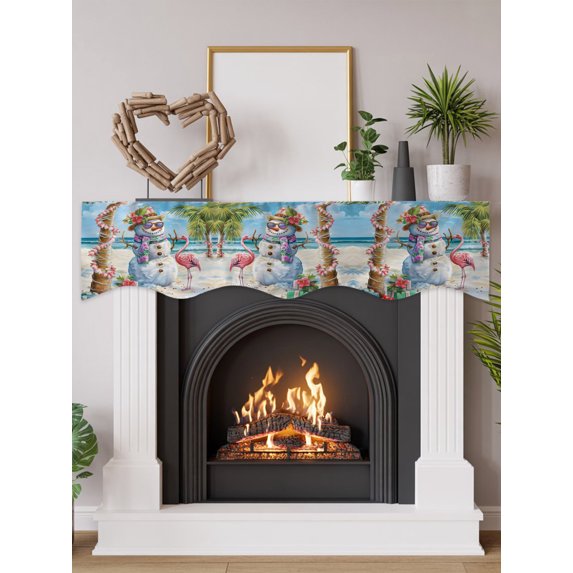 Coastal Snowman Christmas Fireplace Mantel Scarf Cover 60"Wx17"L,Fireplace Mantel Shelf Top Runner,Xmas Tree Flamingo Beach Mantle Dresser Scarves Table Runner for Holiday Party Living Room Decor
