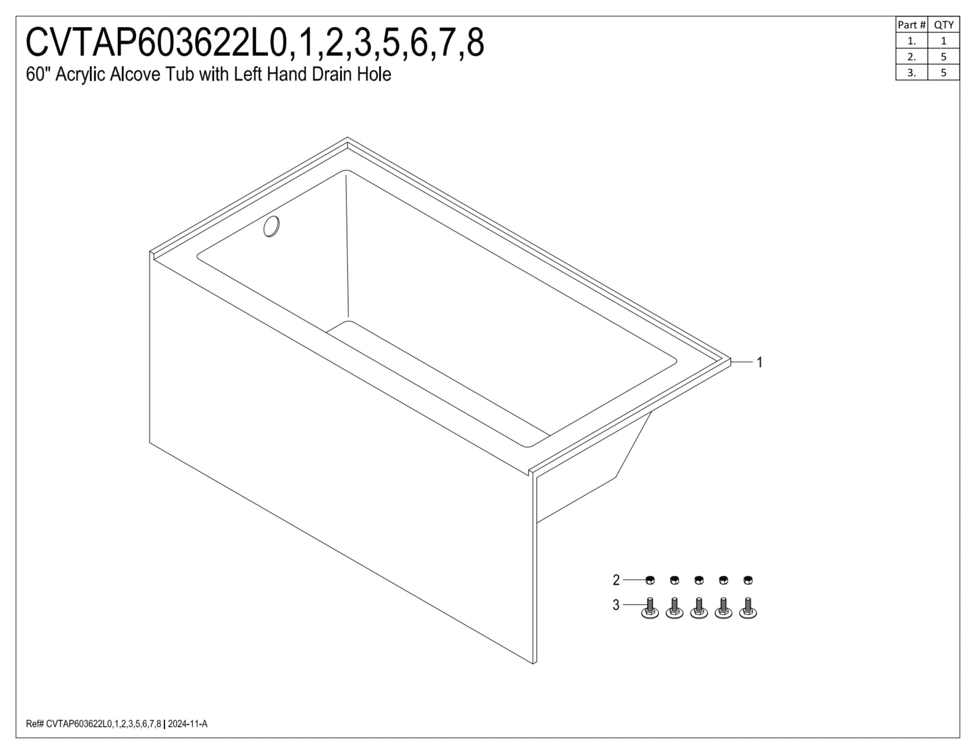 Aqua Eden CVTAP603622L8 60" Acrylic Rectangular 3-Wall Alcove Tub, Left Hand Drain, Glossy White/Brushed Nickel