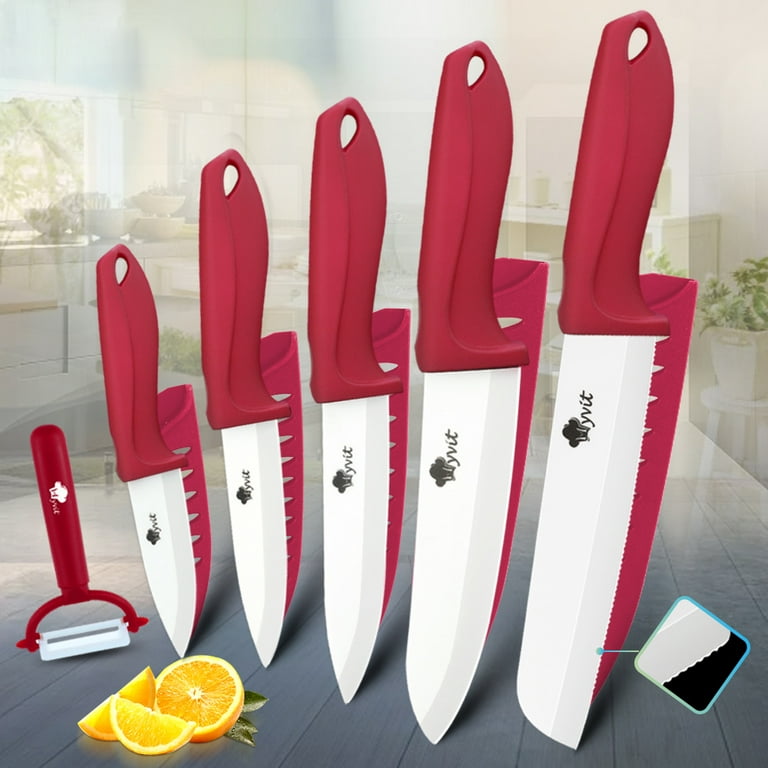 Ceramic Knife Set of Kitchen,3, 4, 5, 6 White Ceramic Blade All in One  Knives with 6 Bread Knife Utility Chef Knives with Fruit Peeler,Rust Proof