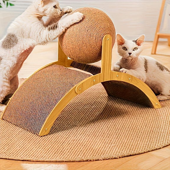 Cat Scratching Post with Wooden Arch Frame & Spinning Sisal Ball, Cat Toys for Indoor Cats Board for Clawing & Play, Cat Scratcher for Kittens and Small Cats, Single Unit
