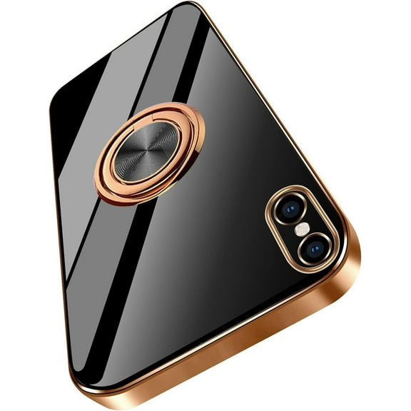 Case for iPhone SE3 2022/ iPhone SE (2020)/ iPhone 7/ iPhoen 8 Case 4.7" Finger Ring Kickstand Electroplated Silicone Soft Flexible TPU Frame Shock-Absorption Bumper Cover Phone Cases-Black