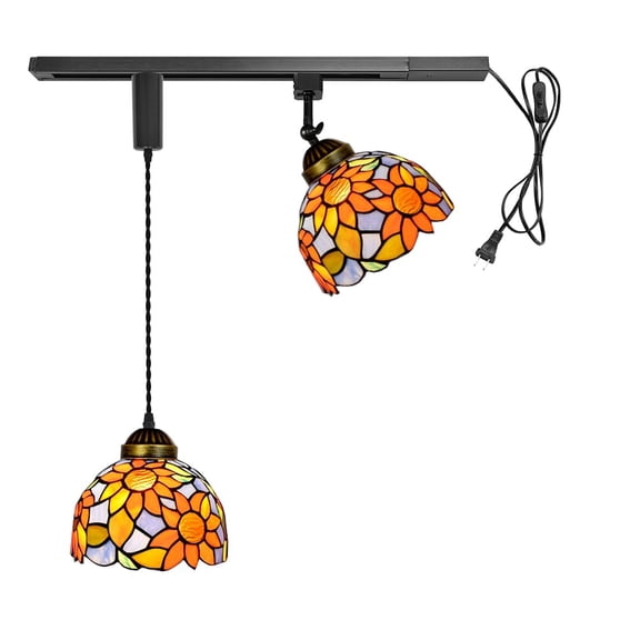 KAYYELAMP 1x Plug in Cable Track Rail, 1X Adjustable Cord, 1x Adjustable Angle Sunflowers Pattern Handmade Colorful Glass H-Type Tiffany Track Lighting Fixture for Kitchen Loft(No Bulb)