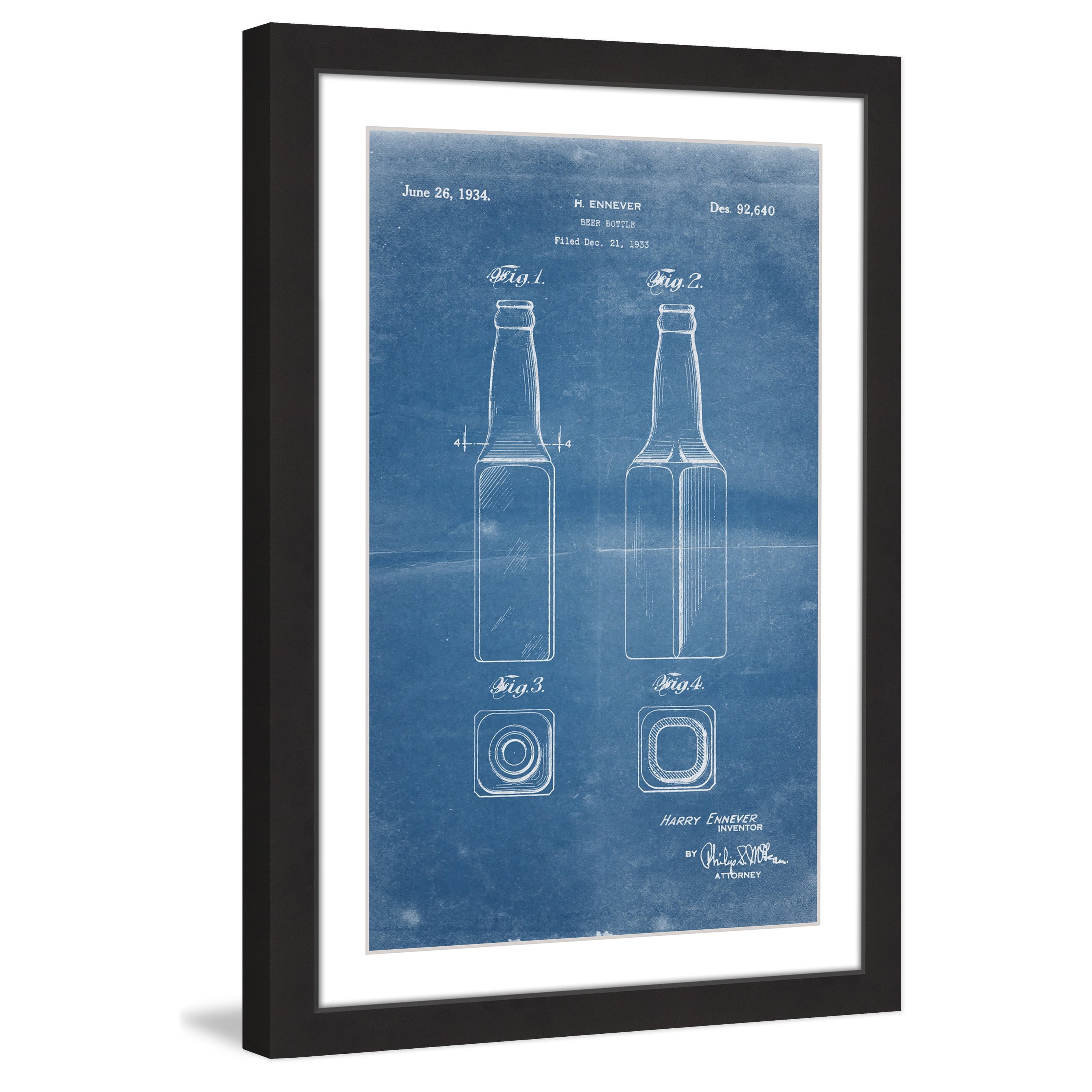 "Beer Bottle 1933 Blueprint" Framed Painting Print