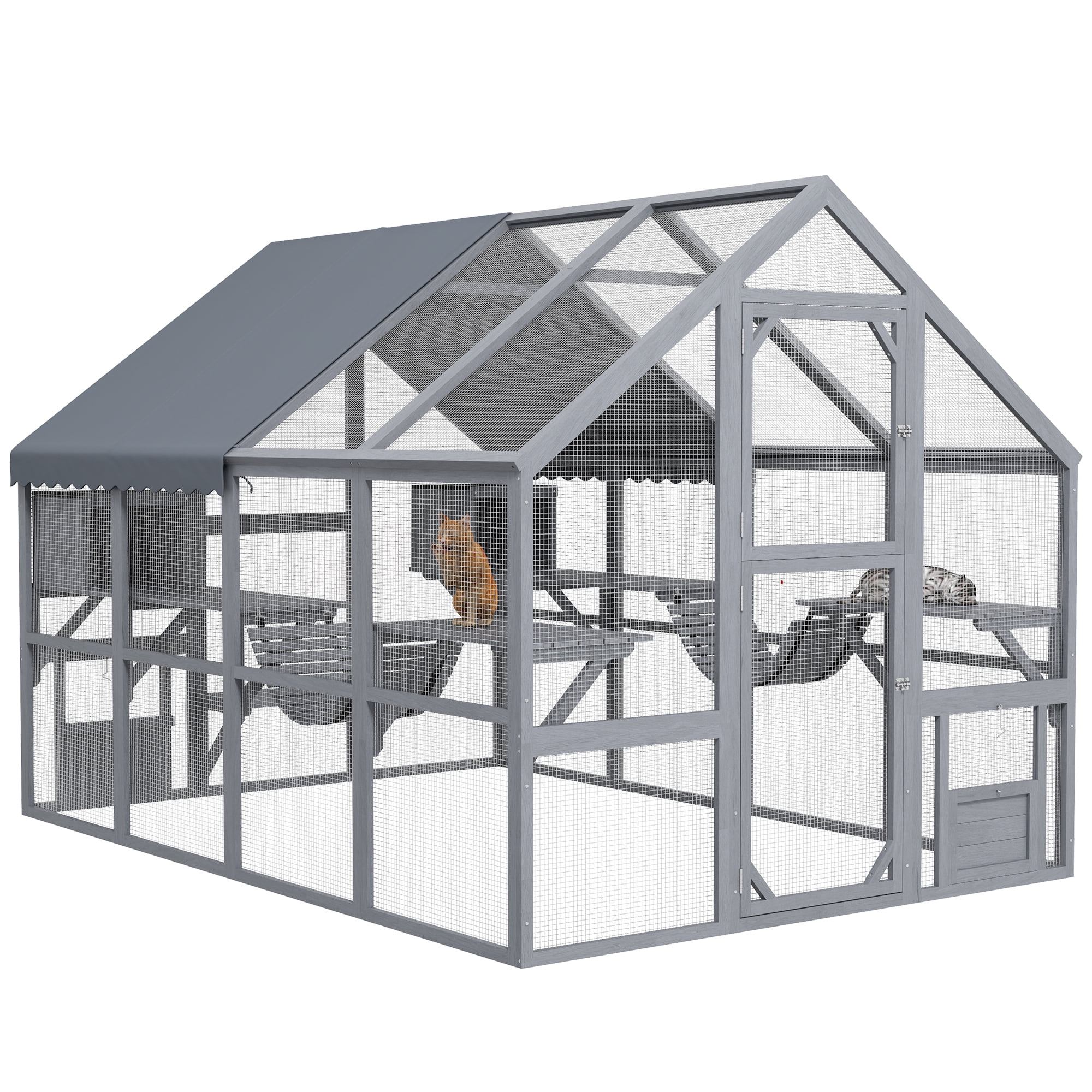 PawHut Large Catio Outdoor Cat Enclosure, Wooden Cat House for Multiple Cats, with Waterproof Cover, 2 Condos, 6 Platforms, Bridge, Doors, Gray