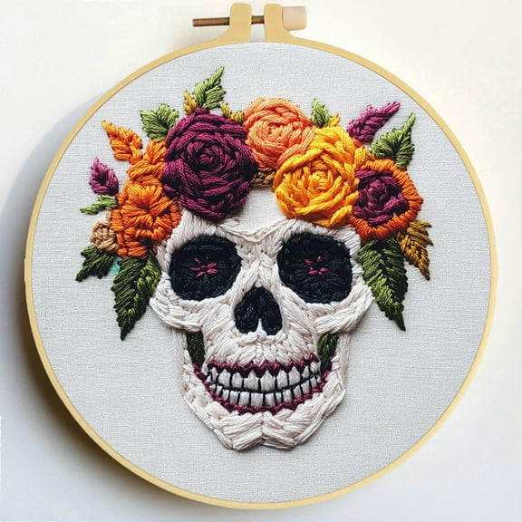 Punch Needle Kits Skull and Colorful Roses Embroidery Starter Set with Hoop Easy for Beginners DIY Stress Relief Handmade Craft Hobby and Home Decor 20x20cm-2