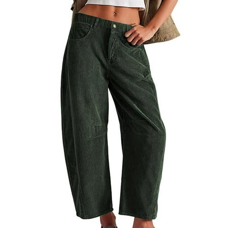 FNFYFH Womens Barrel Pants Corduroy Wide Leg Pants Buttoned Low Rise Sweatpants Casual Fall Winter Straight Baggy Trousers with Pockets
