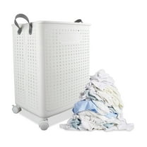 Collapsable Laundry Hamper with Wheels and Lid, 41.5L Rolling Laundry Basket with Handle, Foldable Storage Bins for Corner Bedroom Bathroom