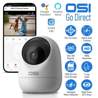 OSI Indoor Pan/Tilt Smart Security Camera, 1080p HD, Night Vision, Auto Tracking, Motion Detection for Baby, Dog & Pet Monitor, Cloud & SD Card Storage, Compatible with Alexa & Google Home