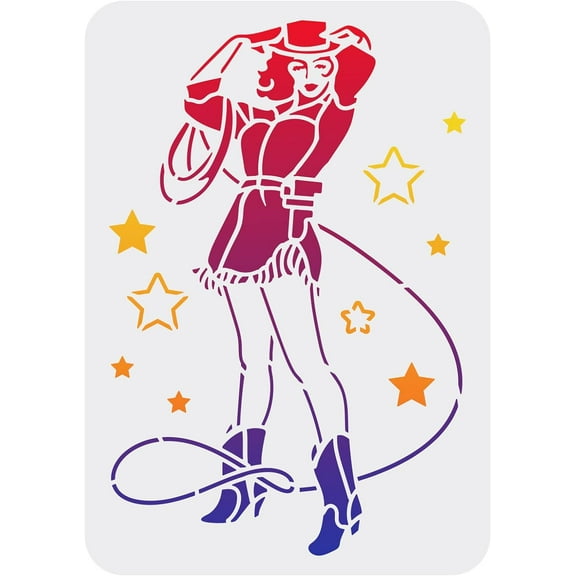 Cowgirl Stencil for Painting 8.3x11.7inch Reusable Western Theme Drawing Template PET Plastic Hollow Out DIY Craft Stencils for Painting on Wall Wood Furniture Scrapbook