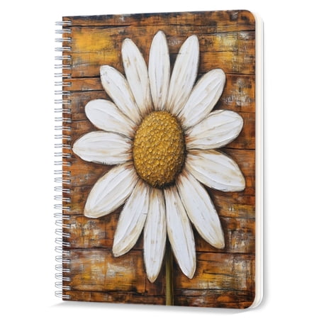 Spiral Notebook Double-Wire Spiral College Lined Journal Notebook for Study and Notes 100 Pages 5.71x 8.26 in - Daisy with a Wooden - themed Setting