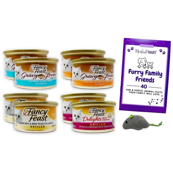 Fancy Feast Adult Cat Food 4 Flavor Grilled Sampler - 2 Each: Chicken Hearts and Liver,  Salmon and Sole, Chicken and Beef, Chicken (3 oz.) | MerlinsMart Zine & Catnip Toy