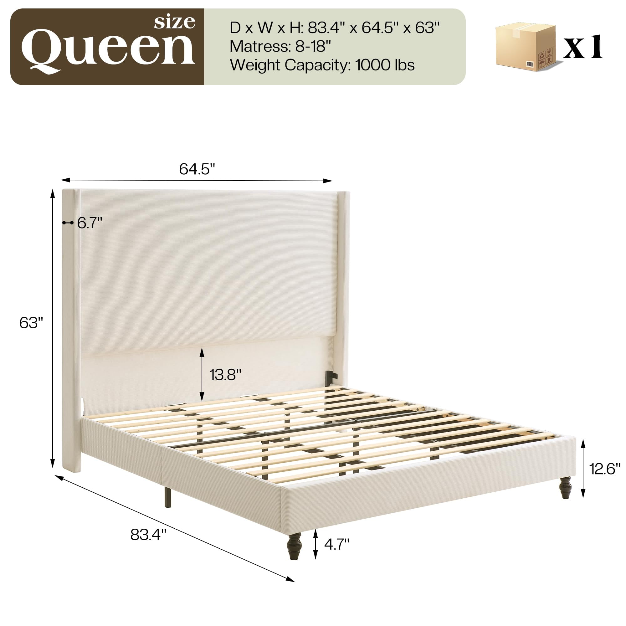VanAcc Queen Bed Frame with 63" Tall Headboard, Horizontal Fine Corduroy Bed Frame with Upholstered Wingback, Vintage Solid Wood Gourd Legs, Cream