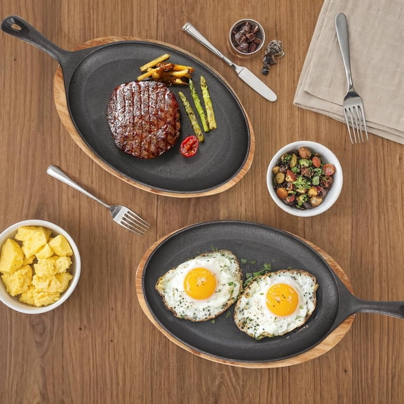 4 PCS Fajita Skillet Set with Wooden Base - Cast Iron Sizzler Plates for Steak and Home Party