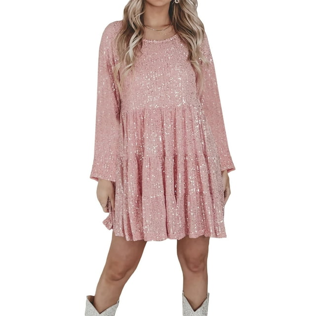 Diconna Robe Courte à Paillettes pour Femme, Paillettes, Manches Longues, Couleur Unie, Robe à Étages, Robe Babydoll Ample