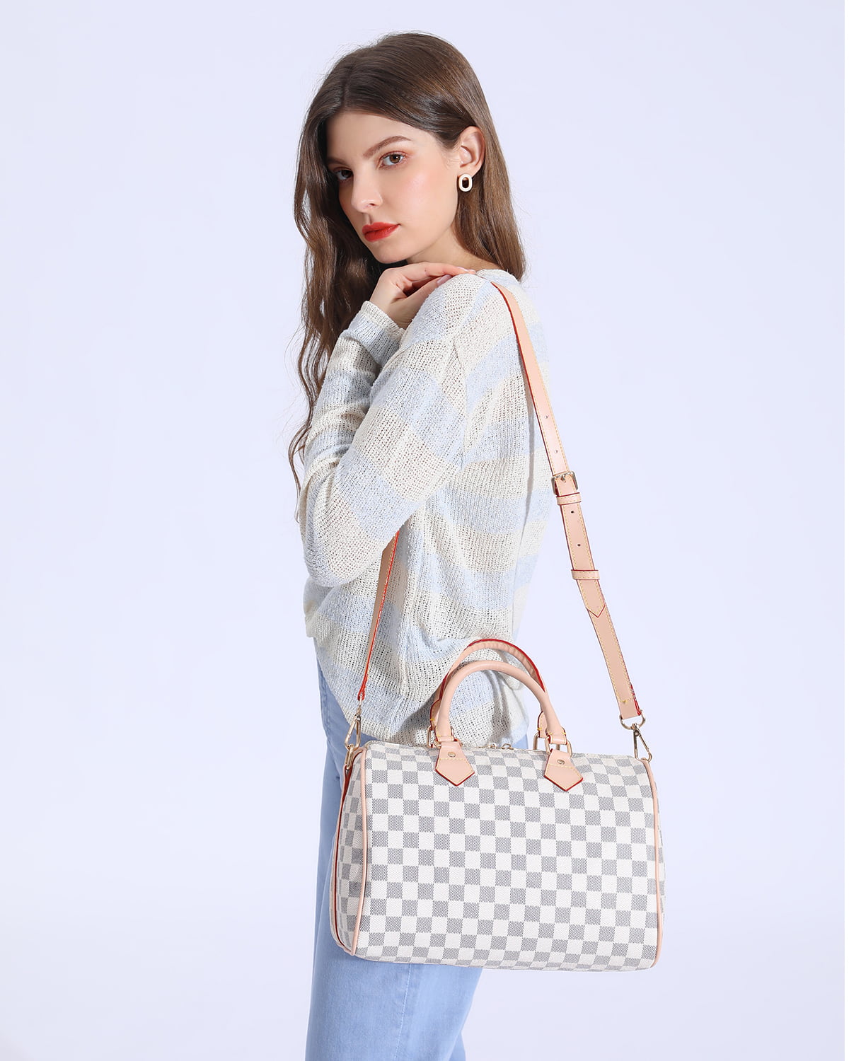 TWENTY FOUR White Checkered Handbags Leather Shoulder Bag and