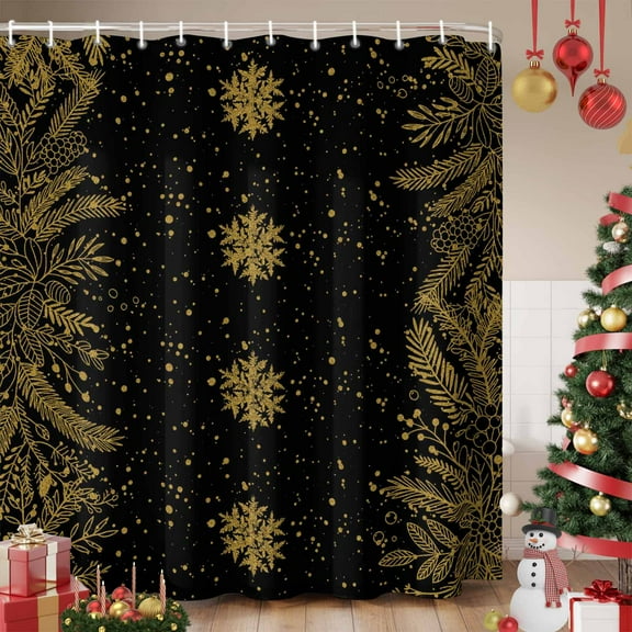 Christmas Snowflakes Shower Curtain, Winter Xmas Pine Leaf Yellow Black Waterproof Fabric Shower Curtains with 12 Hooks, Bathroom Curtain Set for Bathroom Accessories Decor, 60 x 72 Inches