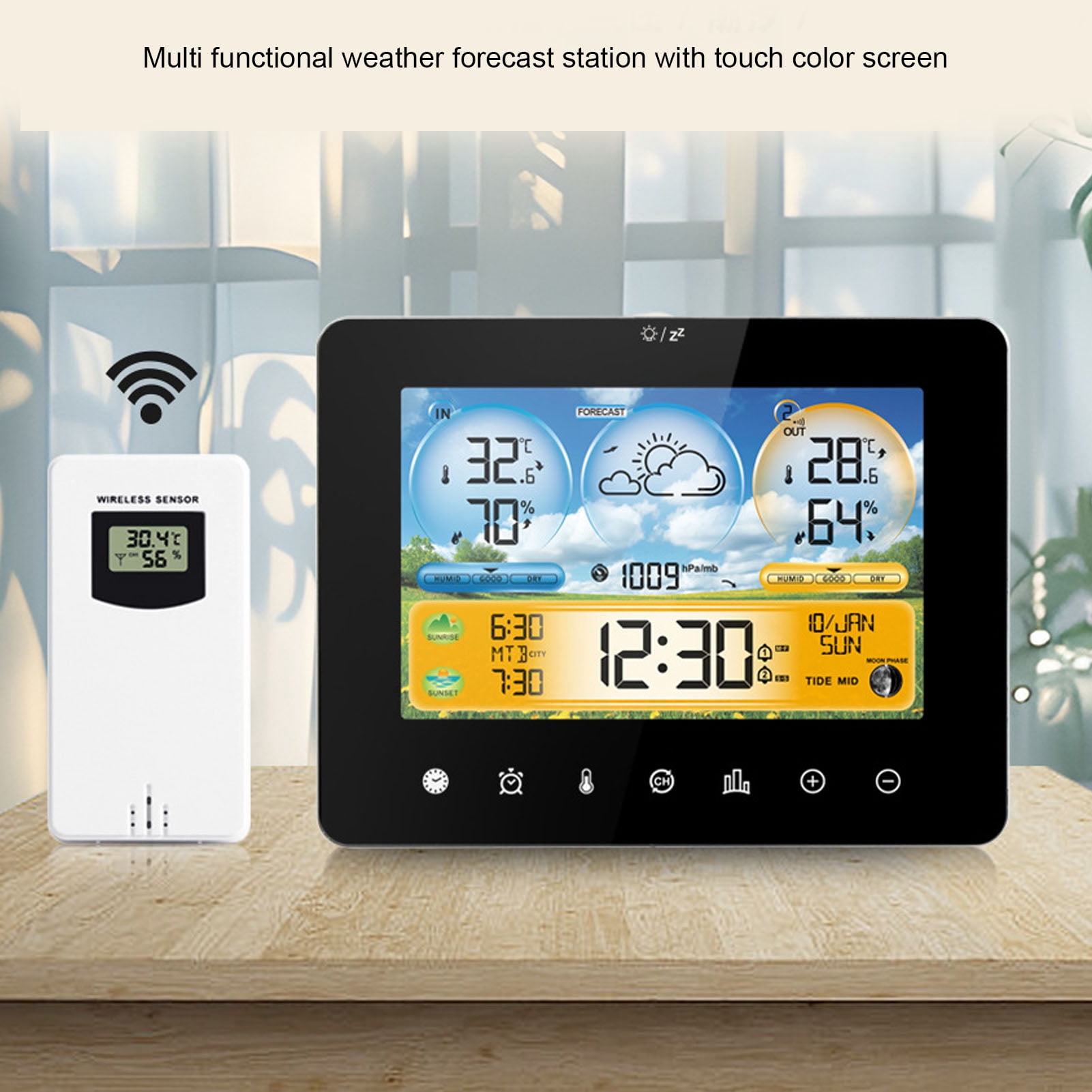 YAHHU Digital Weather Forecast Station Wireless Indoor Outdoor Touch Screen Thermometer Hygrometer with RF Sensor and Clock, Black (7.09 x 5.51 inches / 18 x 14 cm)