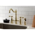 thumbnail image 2 of Kingston Brass KS1277TALBS Tudor Two-Handle 4-Hole Deck Mount Bridge Kitchen Faucet with Brass Side Sprayer in Brushed Brass, 2 of 8