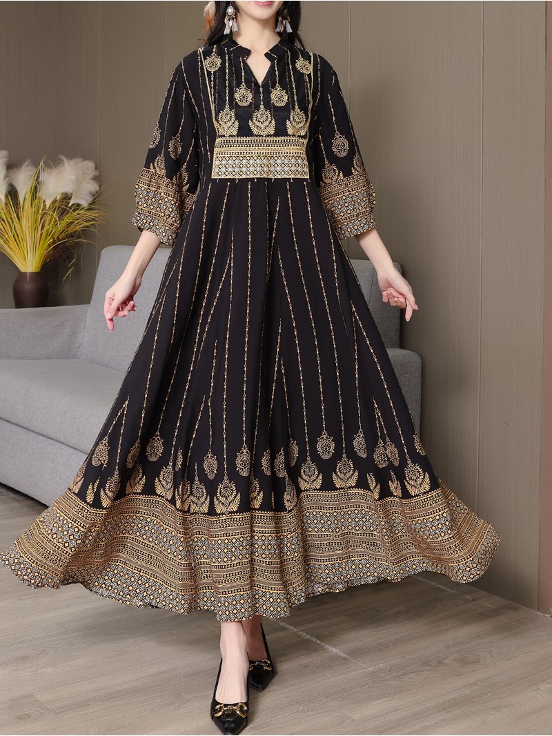 MORTTIC Women's Bohemian Paisley Print V Maxi Dress V-Neck Embroidered 3/4  Sleeve Party Dress, M