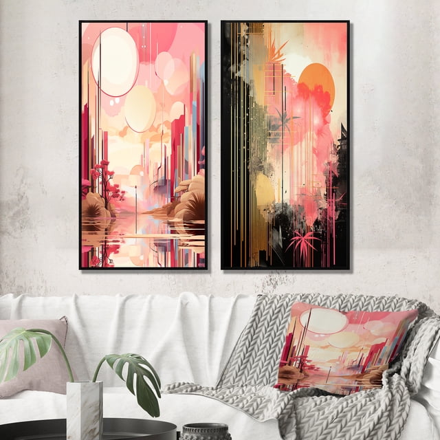 Designart "Pastel Gold Serenity Boho Landscape III" Modern Geometric Framed Wall Art Set Of 2 - Modern Pink Gallery Wall Frame Set For Home Decor