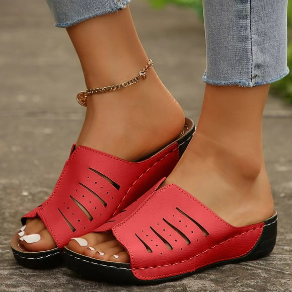Gspmoly Sandal Slides Women, Women's Fashion Casual Summer New Solid Color Round Toe Wedge Heel Thick Bottom Sandals Summer Slippers for Women Red 40